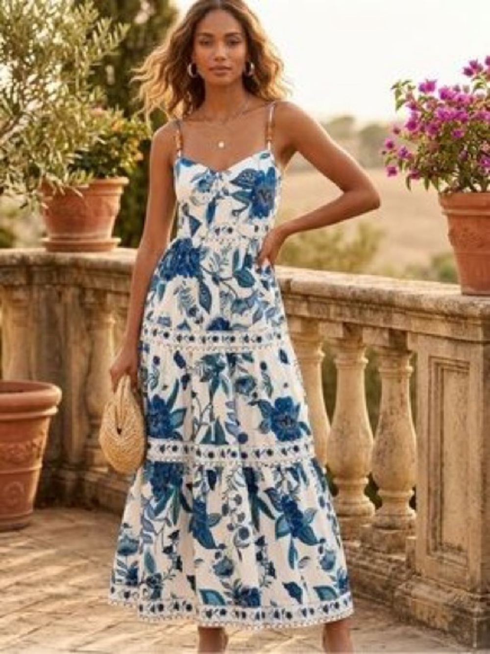 House of Harlow 1960 White & Blue Floral Midi Dress